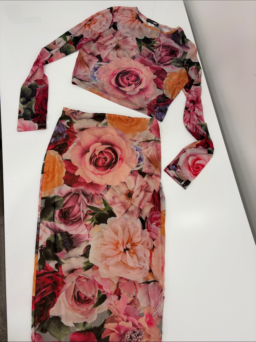 Fashion Nova Rose Garden Floral Two-Piece Skirt Set - Pink, Orange, Green